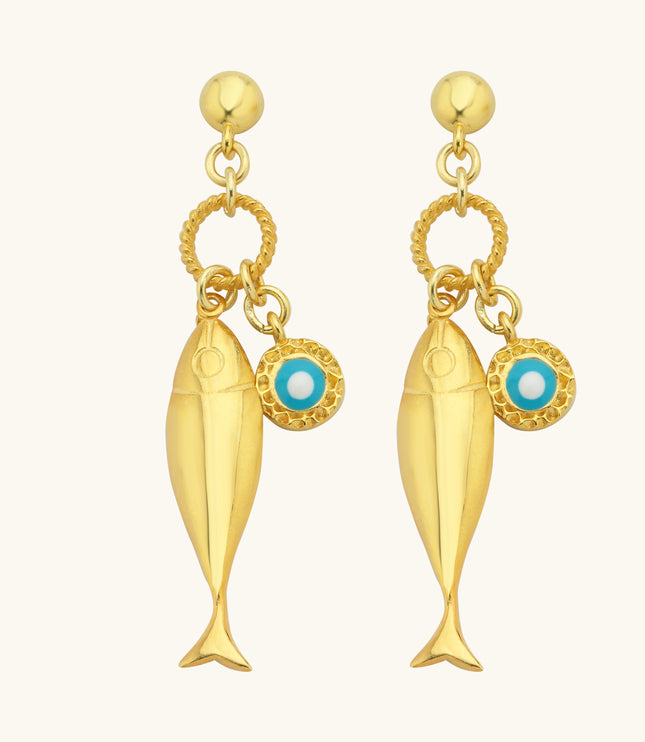 Fish Stud Earrings with Evil Eye Charm, 18K Gold-Plated Earrings