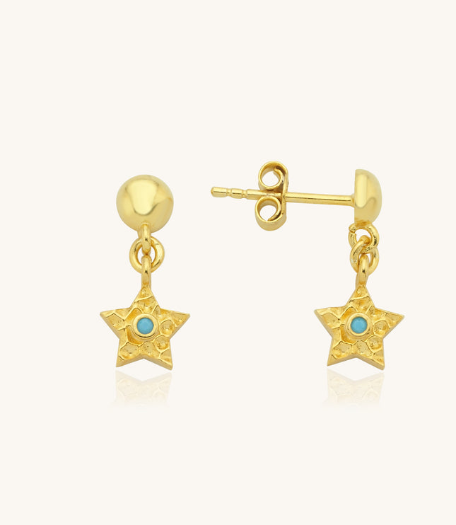 A- Gold Star Drop Earrings with Turquoise Center | Dainty Star Studs | Celestial Jewelry - Dabas Minimalist