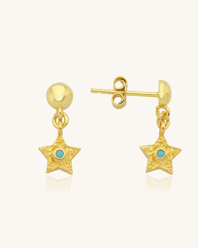 A- Gold Star Drop Earrings with Turquoise Center | Dainty Star Studs | Celestial Jewelry - Dabas Minimalist
