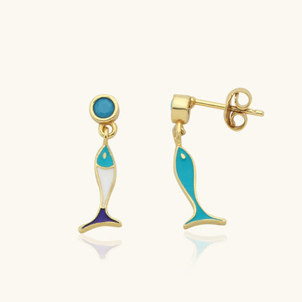 Double-Sided Fish Earrings, Sterling Silver with Enamel