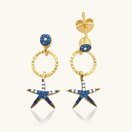 Starfish Earrings with CZ Colorful Stones, 18K Gold-Plated Sterling Silver