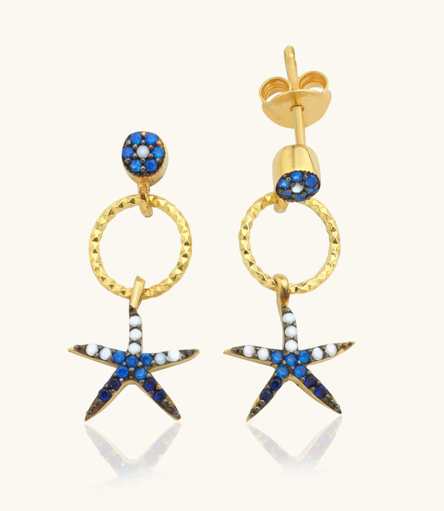 Starfish Earrings with CZ Colorful Stones, 18K Gold-Plated Sterling Silver