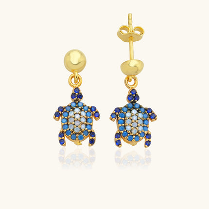 Turtle Earrings with CZ Colorful Stones, 18K Gold-Plated Sterling Silver