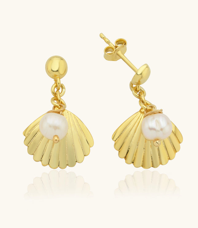 Seashell Earrings with Freshwater Pearl, 18K Gold-Plated Sterling Silver