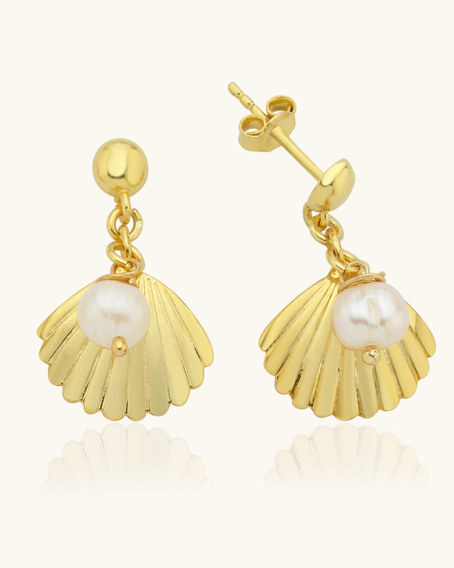 Seashell Earrings with Freshwater Pearl, 18K Gold-Plated Sterling Silver Dabas Minimalist