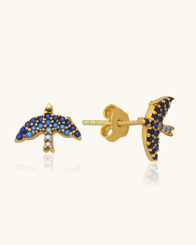 Dove Bird Stud Earrings with CZ Colorful Stones, 18K Gold-Plated Sterling Silver Dabas Minimalist