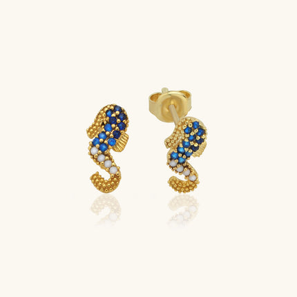 Seahorse Earrings with CZ Colorful Stones, 18K Gold-Plated Sterling Silver