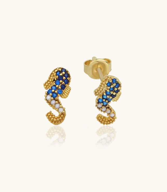 Seahorse Earrings with CZ Colorful Stones, 18K Gold-Plated Sterling Silver