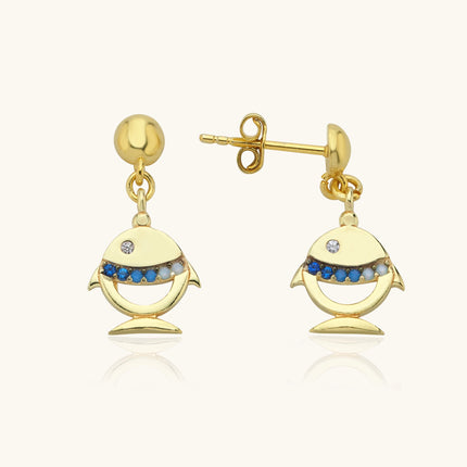 Fish Stud Earrings with CZ Stones, 18K Gold-Plated Sterling Silver