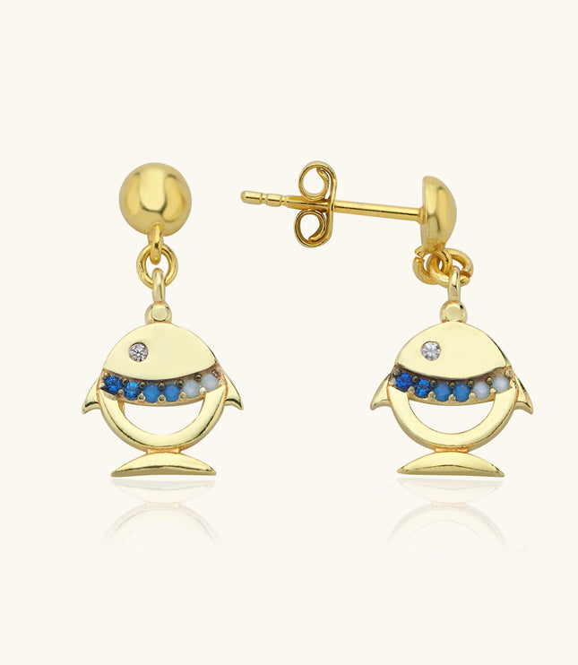 Fish Stud Earrings with CZ Stones, 18K Gold-Plated Sterling Silver