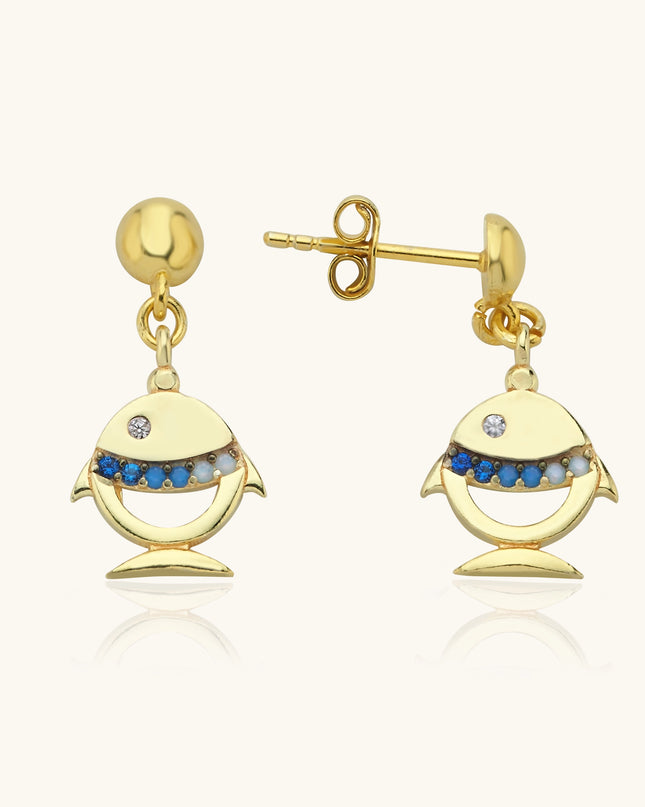 Fish Stud Earrings with CZ Stones, 18K Gold-Plated Sterling Silver Dabas Minimalist