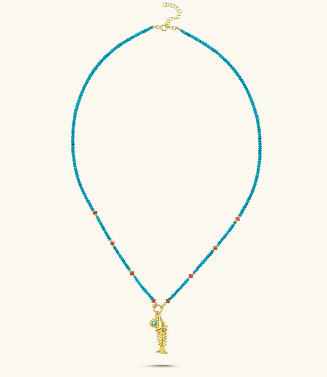 Gold Fish Charm Necklace with Turquoise Beaded Chain - 18K Gold-Plated Sterling Silver - Symbol of Luck and Protection Dabas Minimalist