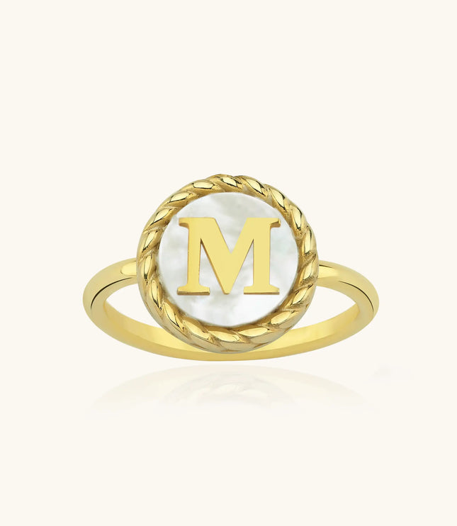 Mother of Pearl Initial Ring – 18K Gold-Plated Sterling Silver Personalized Ring Dabas Minimalist