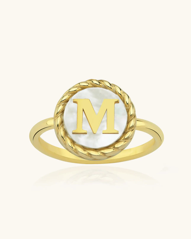 Mother of Pearl Initial Ring – 18K Gold-Plated Sterling Silver Personalized Ring Dabas Minimalist