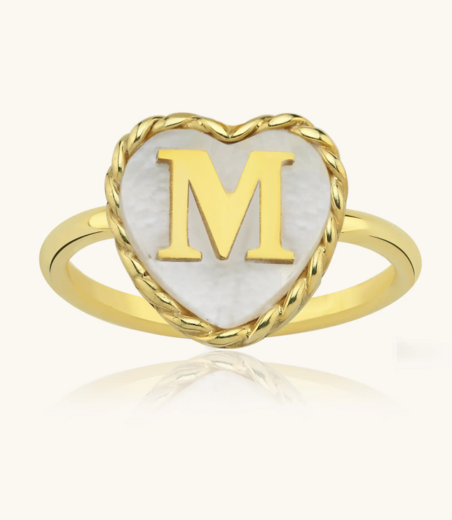 Heart-Shaped Initial Ring, 18K Gold-Plated with Mother of Pearl Inlay Dabas Minimalist