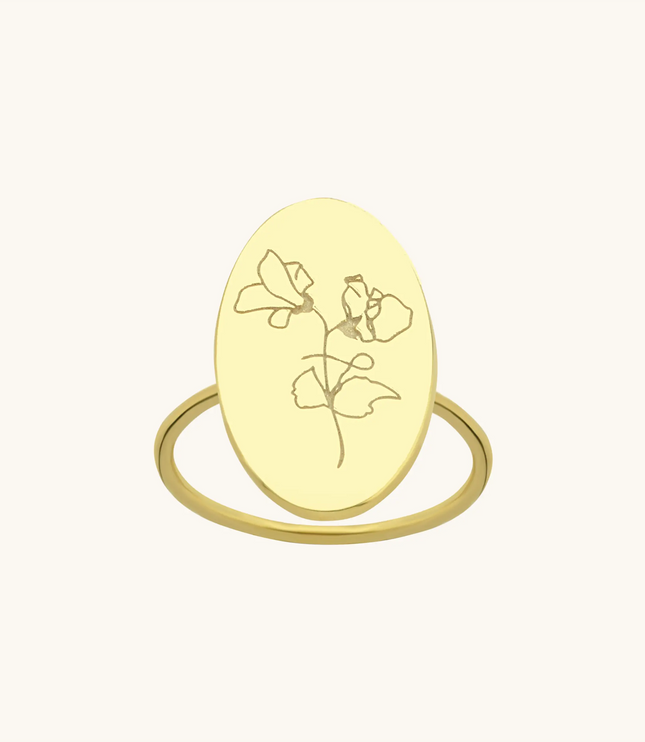 Custom Oval Birth Flower Signet Ring Dabas Minimalist