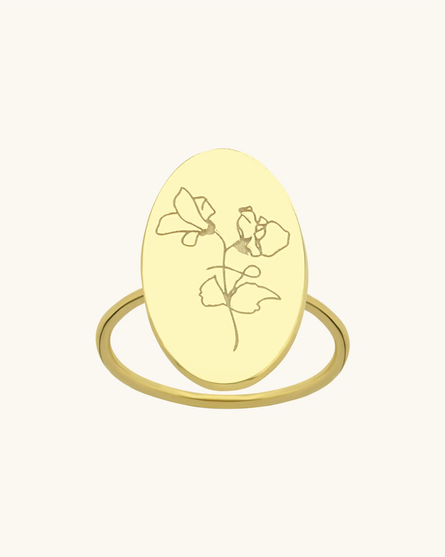 Custom Oval Birth Flower Signet Ring Dabas Minimalist