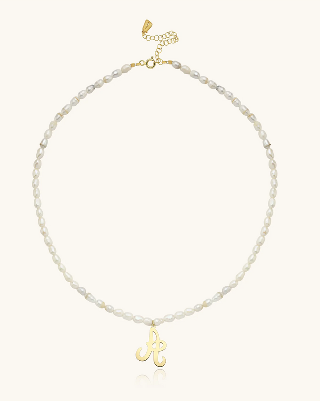 Freshwater Pearl Beaded Initial Letter Necklace, 18K Gold-Plated Sterling Silver Dabas Minimalist