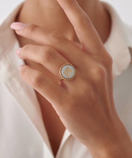MOTHER OF PEARL PRODUCTS PERFECT FOR EVENTS 🤍 BUY A BEAUTIFUL GOLD COLORED RING WITH LETTERS ON IT