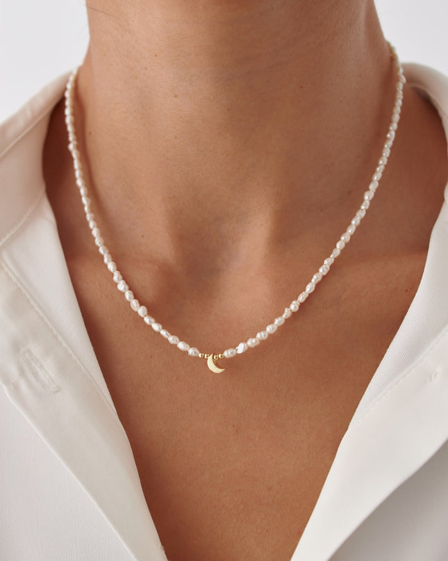 Moon and Freshwater Pearl Necklace – 925K Sterling Silver with 18K Gold-Plating Dabas Minimalist