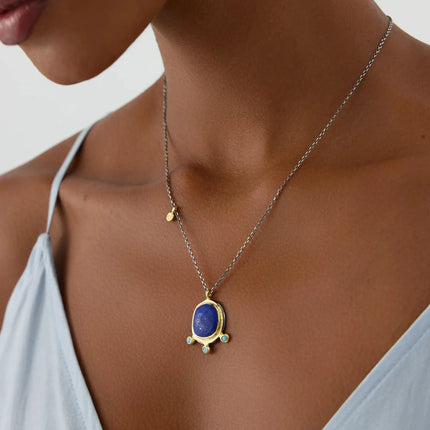 Lapis Lazuli Pendant Necklace with Turquoise Stone, 18K Gold-Plated Sterling Silver