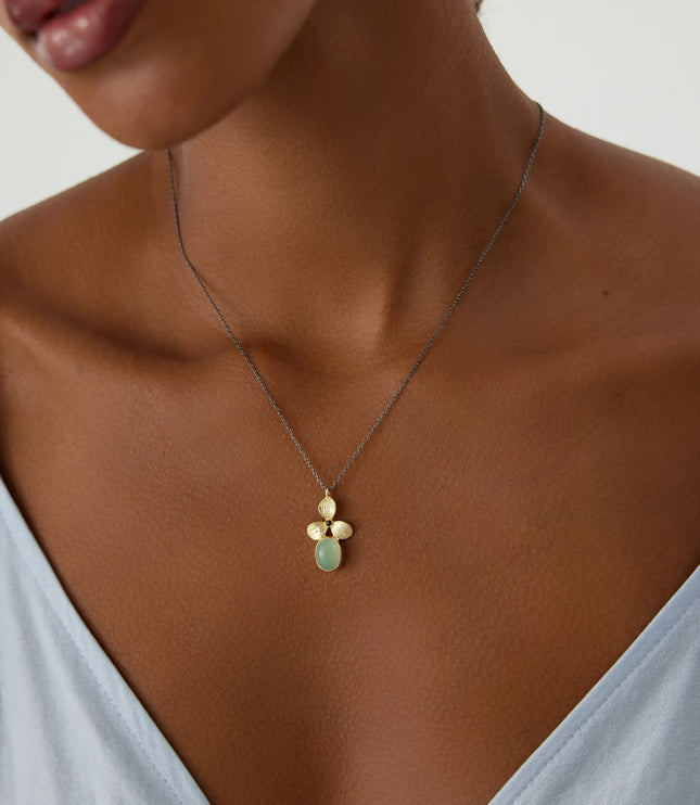 Green Chalcedony and Gold Orchid Pendant Necklace, 18K Gold-Plated Sterling Silver