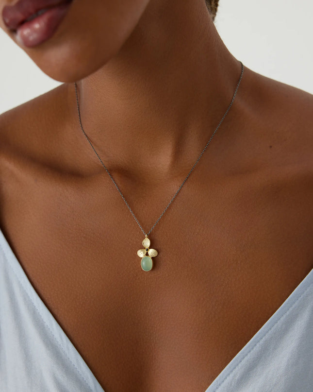 Green Chalcedony and Gold Orchid Flower Pendant Necklace, 18K Gold-Plated Sterling Silver Dabas Minimalist