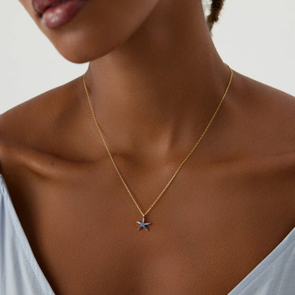 Starfish Necklace with CZ Colorful Stones, 18K Gold-Plated Sterling Silver