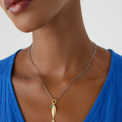 18K Gold Fish Necklace with Turquoise Charm, Ocean-Inspired Minimalist Jewelry