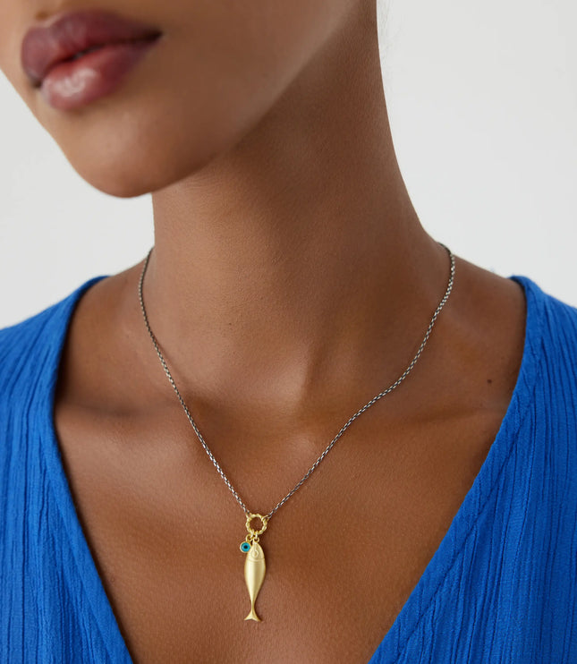 18K Gold Fish Necklace with Turquoise Charm, Ocean-Inspired Minimalist Jewelry