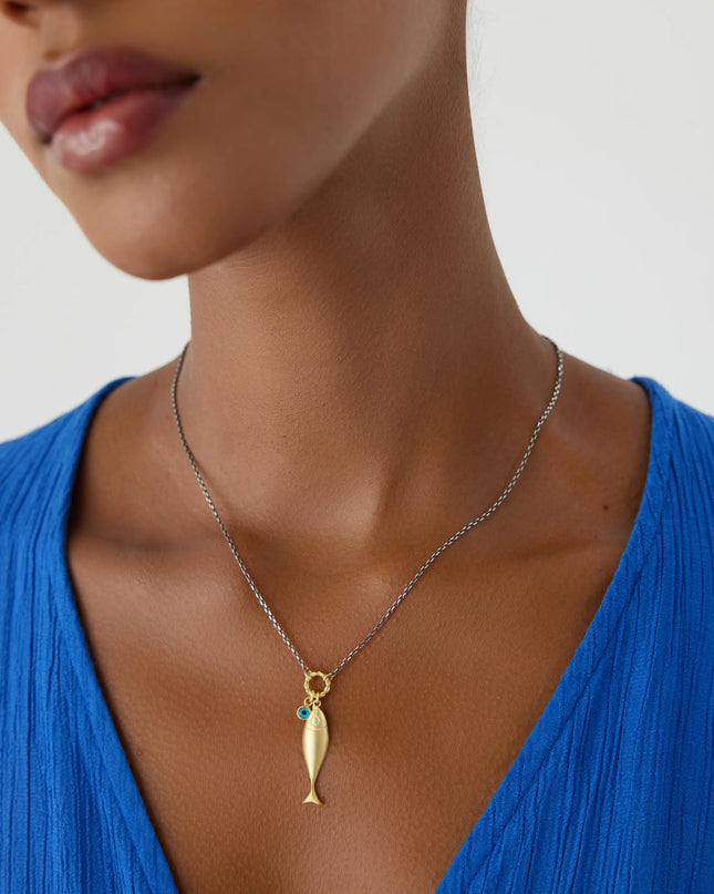 18K Gold Fish Necklace with Turquoise Charm, Ocean-Inspired Minimalist Jewelry Dabas Minimalist