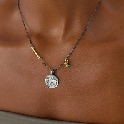 Ancient Zodiac Sign Necklace with Birthstone, 18K Gold-Plated Oxidized Sterling Silver