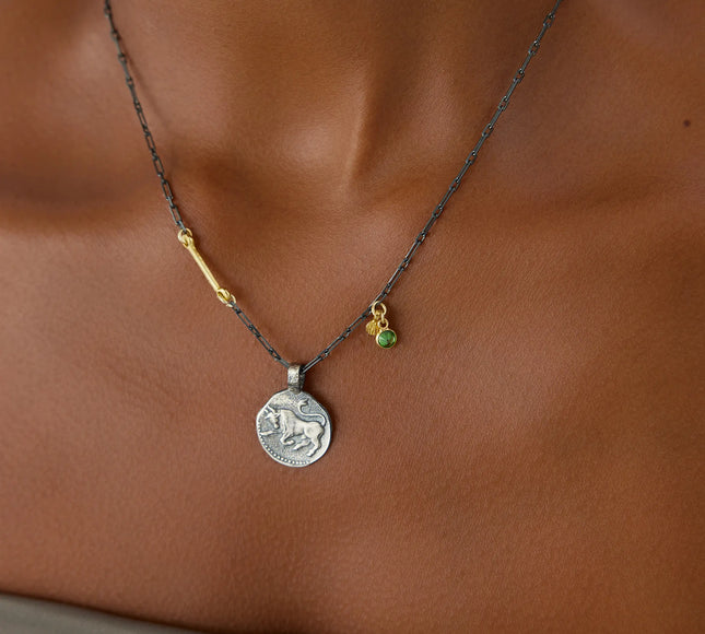 Ancient Zodiac Sign Necklace with Birthstone, 18K Gold-Plated Oxidized Sterling Silver