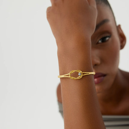 Knot Cuff Fluted Bangle Bracelet, 18K Gold-Plated Sterling Silver Symbolic Minimalist Jewelry