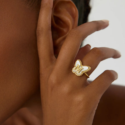 Butterfly Initial Ring – 18K Gold-Plated with Mother of Pearl Inlay Dabas Minimalist