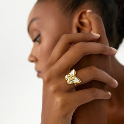 Butterfly Initial Ring – 18K Gold-Plated with Mother of Pearl Inlay Dabas Minimalist