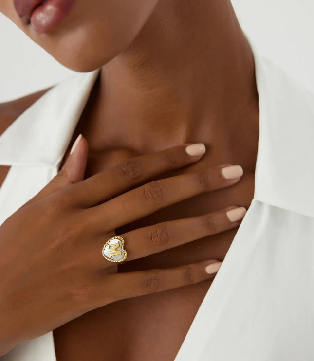 Heart-Shaped Initial Ring, 18K Gold-Plated with Mother of Pearl Inlay Dabas Minimalist