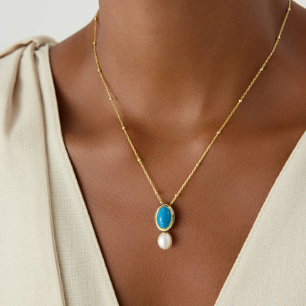 Turquoise and Pearl Pendant Necklace, 18K Gold-Plated Sterling Silver