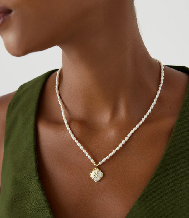 Freshwater Pearl Clover Pendant Initial Necklace – 18K Gold-Plated Sterling Silver Personalized Elegant Jewelry