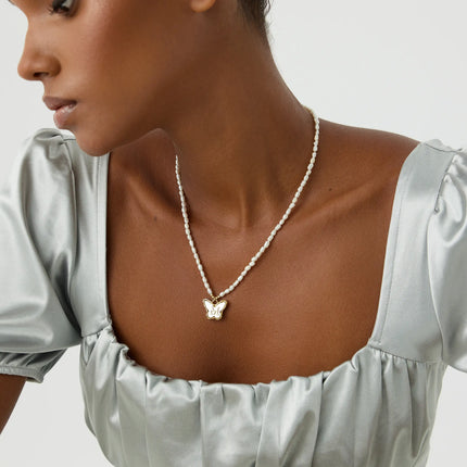 Butterfly Initial Pendant with Freshwater Pearls Beaded Necklace, 18K Gold-Plated Sterling Silver