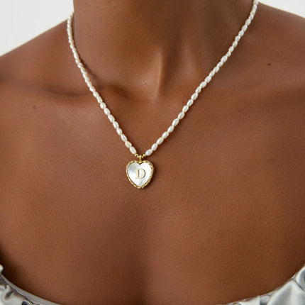 Mother of Pearl Heart Pendant Initial Necklace with Pearl Beaded, 18K Gold-Plated Sterling Silver