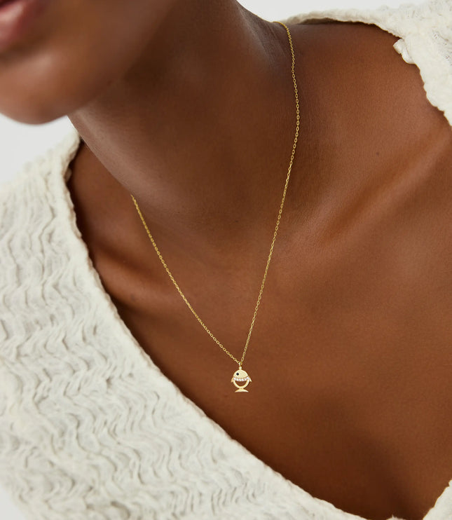 Tiny Fish Necklace with CZ Stone, 18K Gold-Plated Sterling Silver