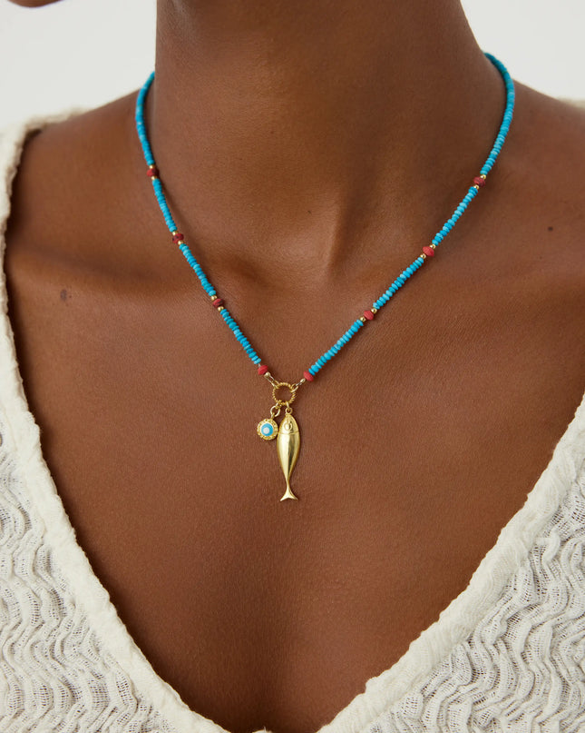 Turquoise Beaded Fish Charm Necklace – 18K Gold-Plated Sterling Silver Dabas Minimalist