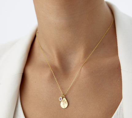 A- Tiny Drop Shape Birth Flower Necklace with Tiny Birthstone Pendant • Personalized 925K Sterling Silver Necklace for Women - Dabas Minimalist