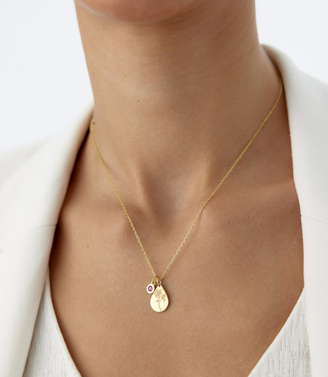 A- Tiny Drop Shape Birth Flower Necklace with Tiny Birthstone Pendant • Personalized 925K Sterling Silver Necklace for Women - Dabas Minimalist