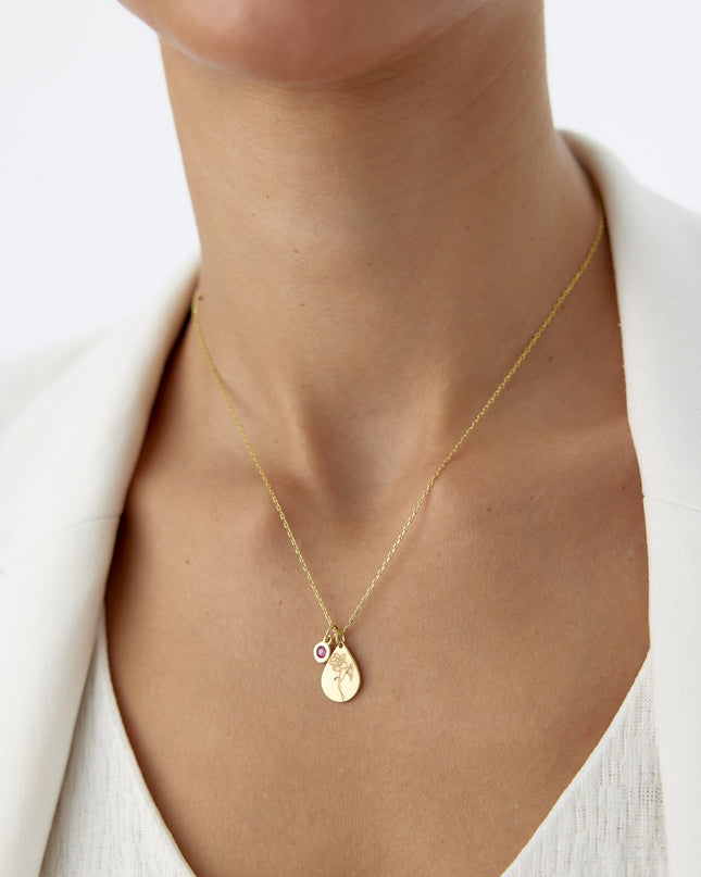 A- Tiny Drop Shape Birth Flower Necklace with Tiny Birthstone Pendant • Personalized 925K Sterling Silver Necklace for Women - Dabas Minimalist