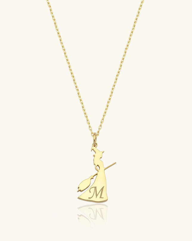 Witch with Broom Initial Necklace - 925K Silver Halloween Jewelry Dabas Minimalist