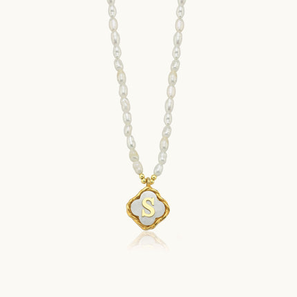 Freshwater Pearl Clover Pendant Initial Necklace – 18K Gold-Plated Sterling Silver Personalized Elegant Jewelry