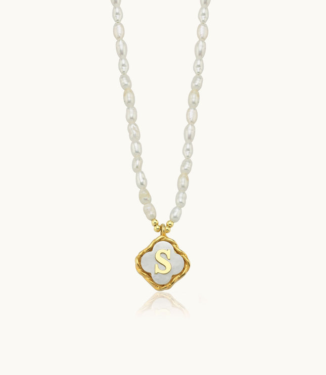 Freshwater Pearl Clover Pendant Initial Necklace – 18K Gold-Plated Sterling Silver Personalized Elegant Jewelry