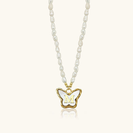 Butterfly Initial Pendant with Freshwater Pearls Beaded Necklace, 18K Gold-Plated Sterling Silver